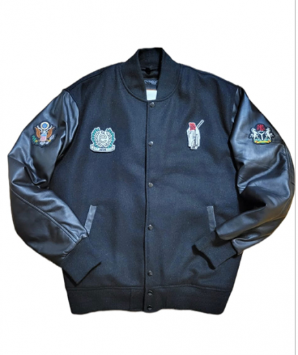 E Icon x EYO All Black Leather Varsity Jacket